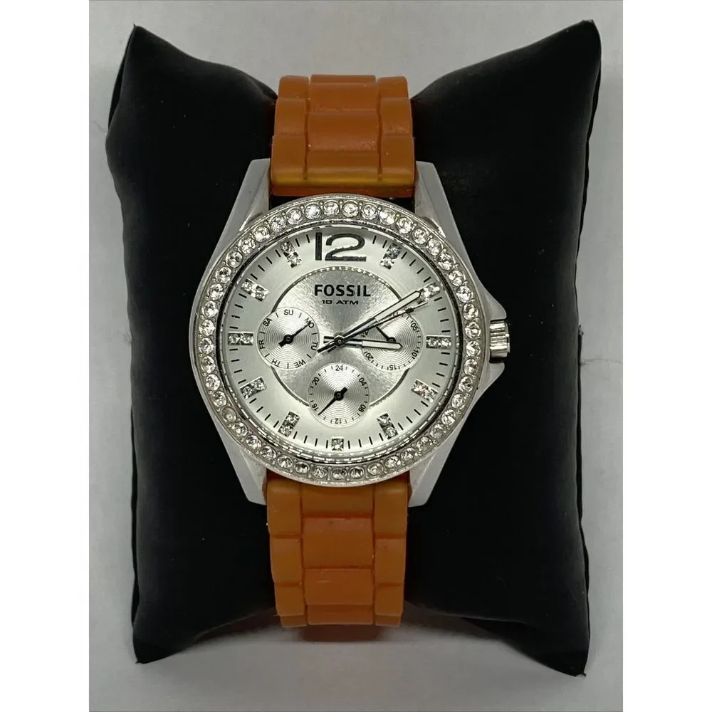 Fossil ES3202 Women Orange Rubber Analog Silver Dial Quartz Genuine Watch HK1018